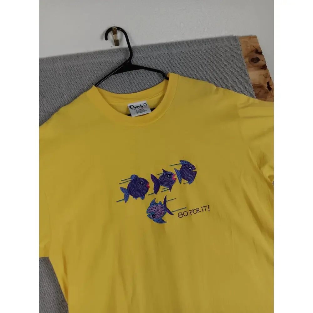 Cheek-O Sportswear Tee Womens‎ XL Yellow Embroidered Fish Go For It! USA Made - Picture 4 of 11